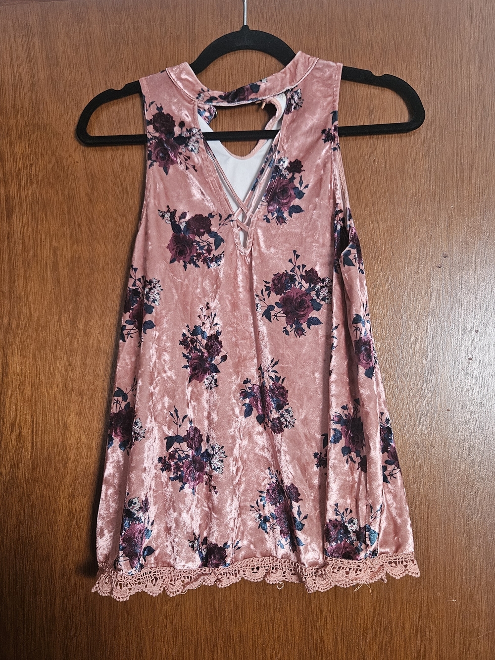 Altar'd State Rose Pink Floral Velvet Dress with Lace Hem